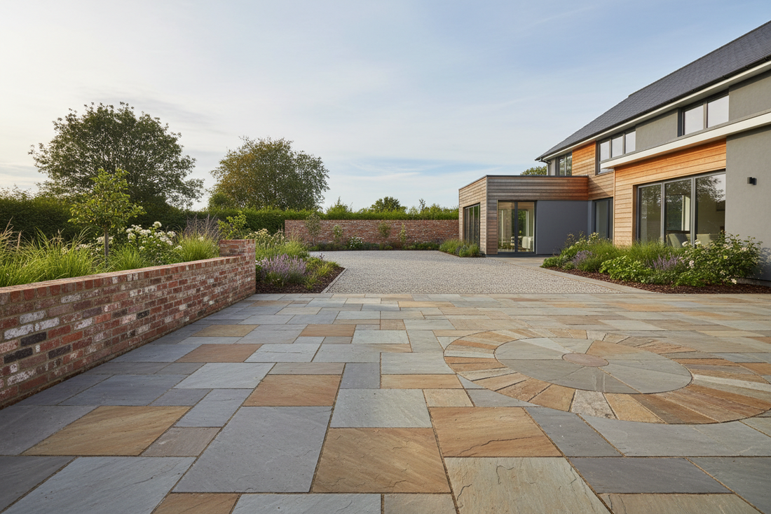 a home using cheaper building materials, reclaim cheshire wire cuts, indian sandstone paving, building sand, sharp sand